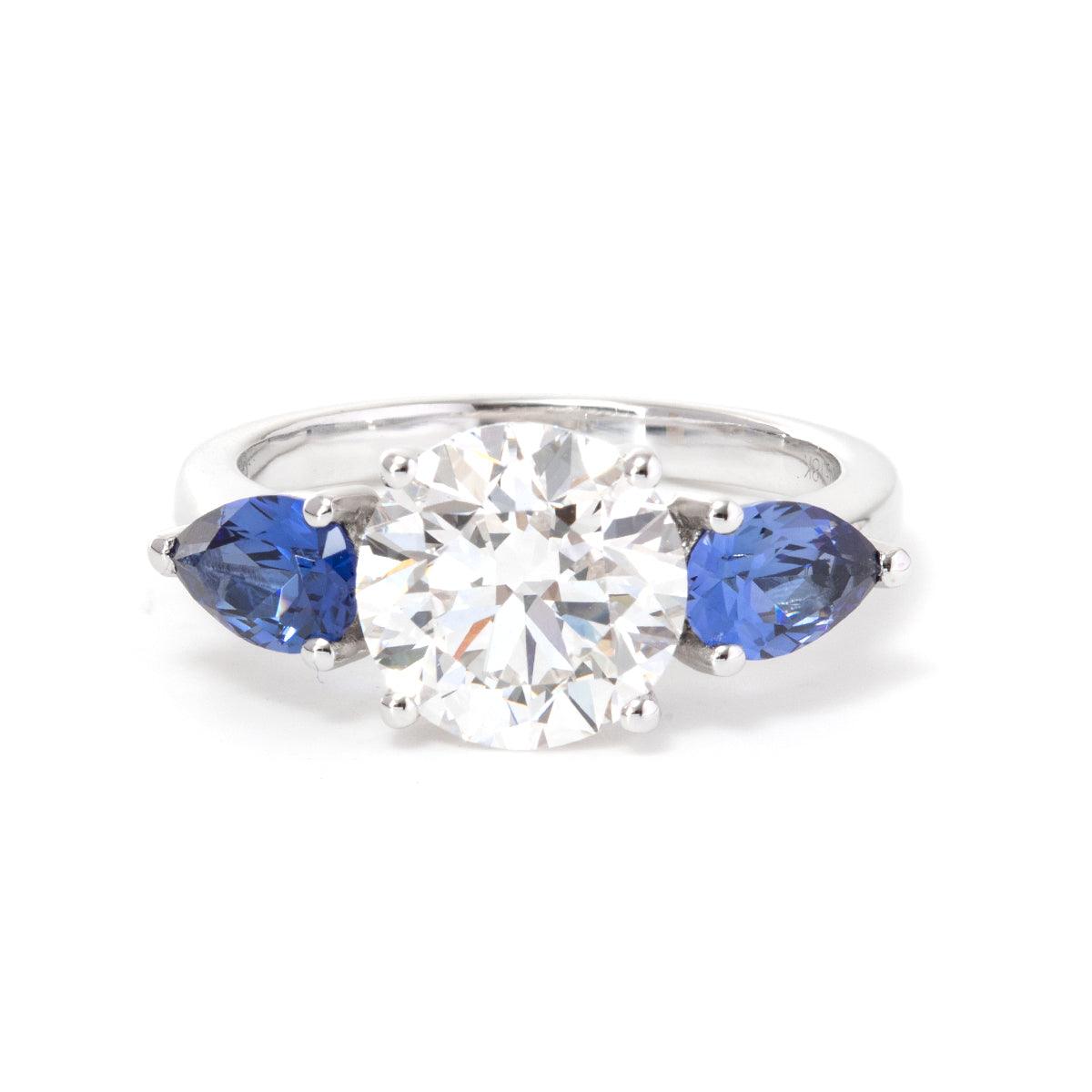 18K White Gold Round Lab Diamond Pear Sapphire Three Stone Ring - FIORESE JEWELRY