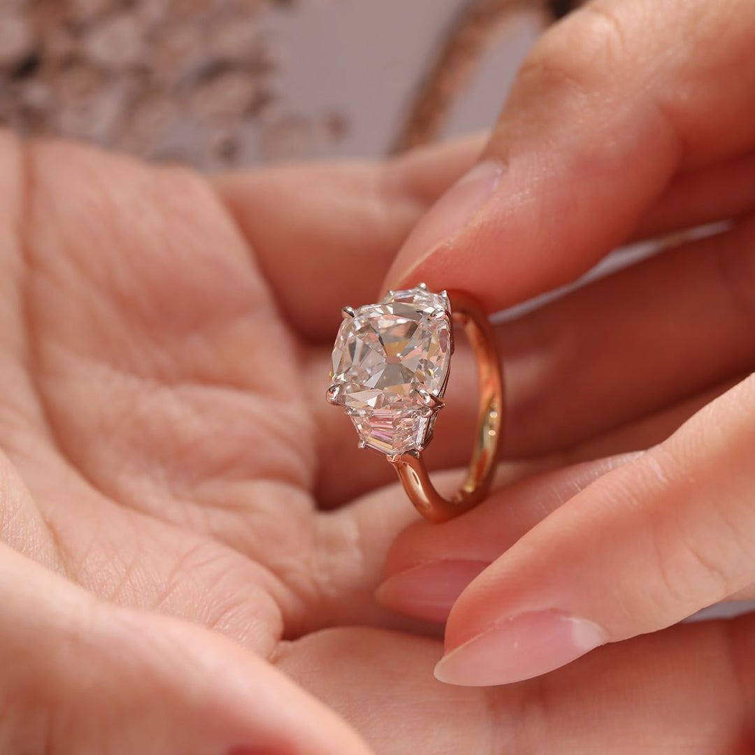 18K White Gold &amp; Yellow Gold 4.5ct Old Mine Cut &amp; Step cut Eldorado Lab Diamond Three Stone Ring - FIORESE JEWELRY