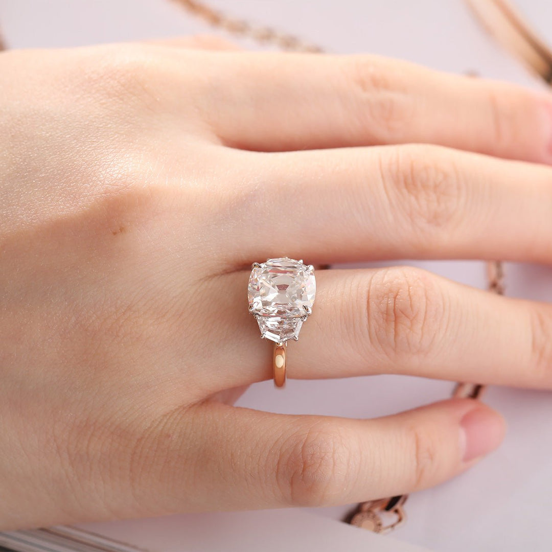18K White Gold &amp; Yellow Gold 4.5ct Old Mine Cut &amp; Step cut Eldorado Lab Diamond Three Stone Ring - FIORESE JEWELRY