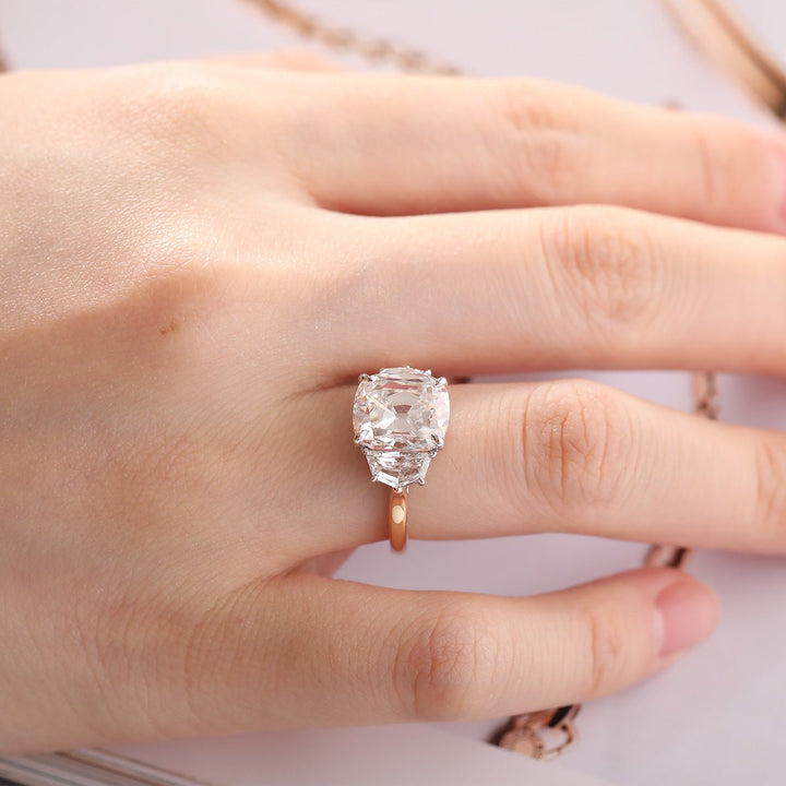 18K White Gold &amp; Yellow Gold 4.5ct Old Mine Cut &amp; Step cut Eldorado Lab Diamond Three Stone Ring - FIORESE JEWELRY