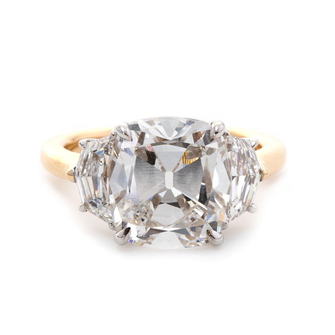 18K White Gold & Yellow Gold 4.5ct Old Mine Cut & Step cut Eldorado Lab Diamond Three Stone Ring - FIORESE JEWELRY