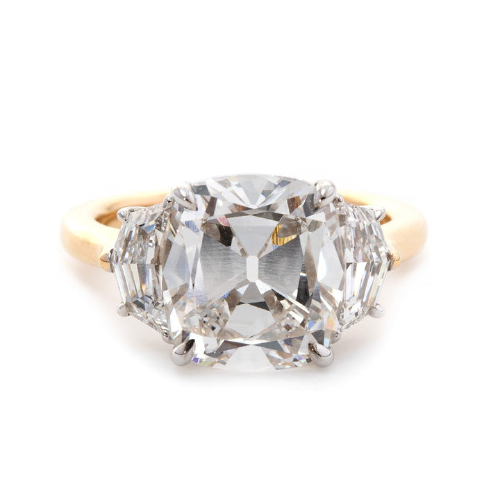 18K White Gold &amp; Yellow Gold 4.5ct Old Mine Cut &amp; Step cut Eldorado Lab Diamond Three Stone Ring - FIORESE JEWELRY