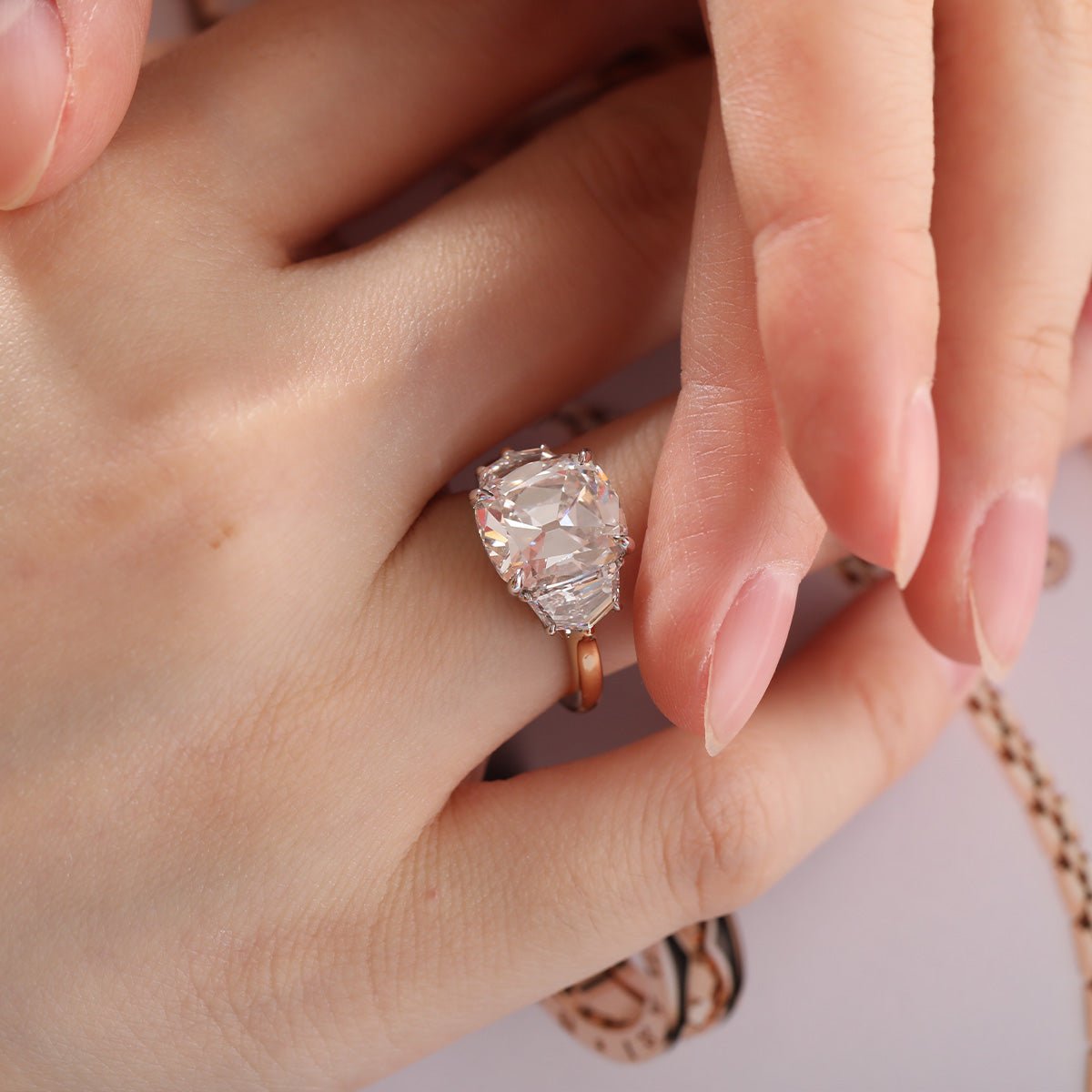 18K White Gold & Yellow Gold 4.5ct Old Mine Cut & Step cut Eldorado Lab Diamond Three Stone Ring - FIORESE JEWELRY