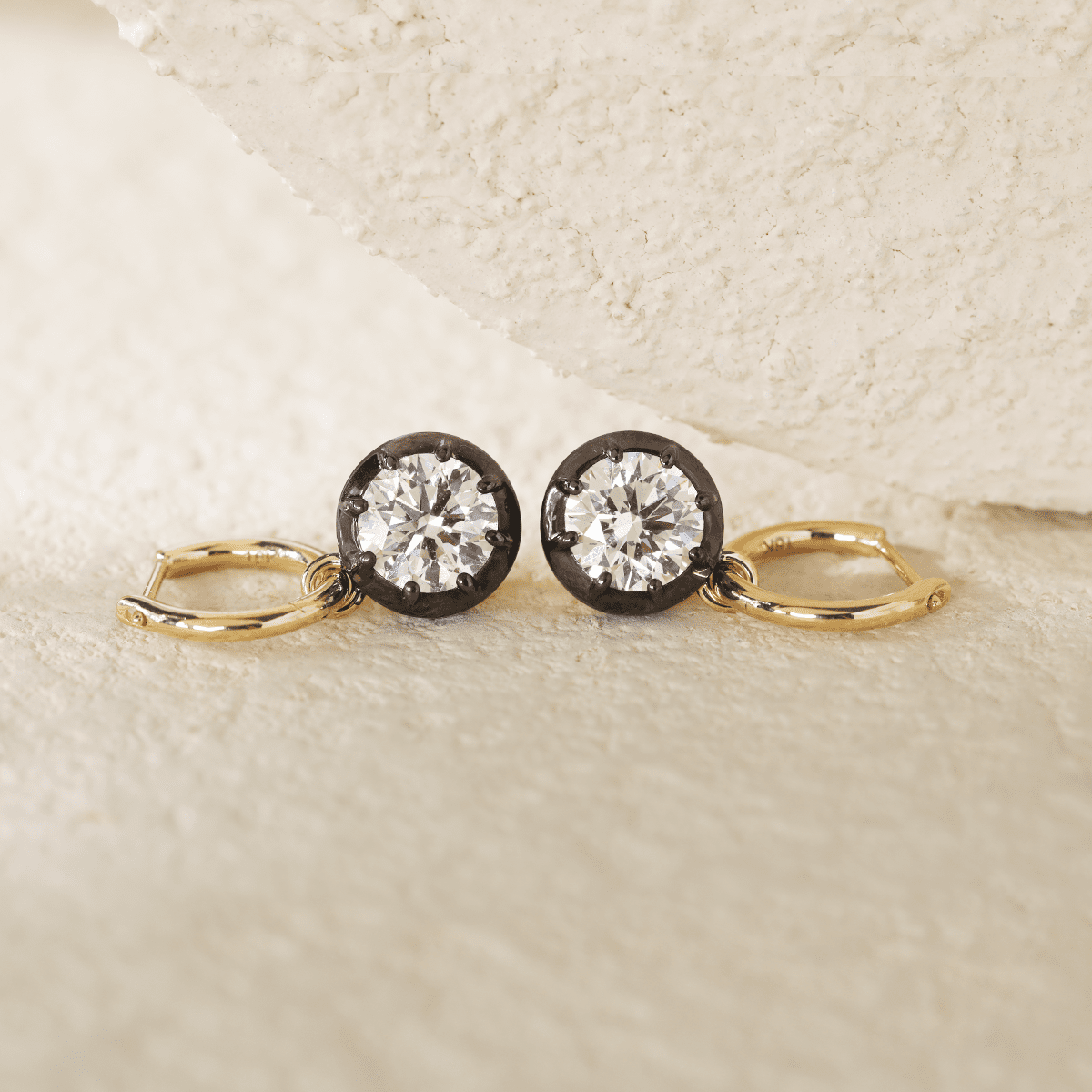 18K Yellow and White Gold with Black Rhodium Plated 2 ct tw Round Cut Diamond Bezel Hoop Earrings