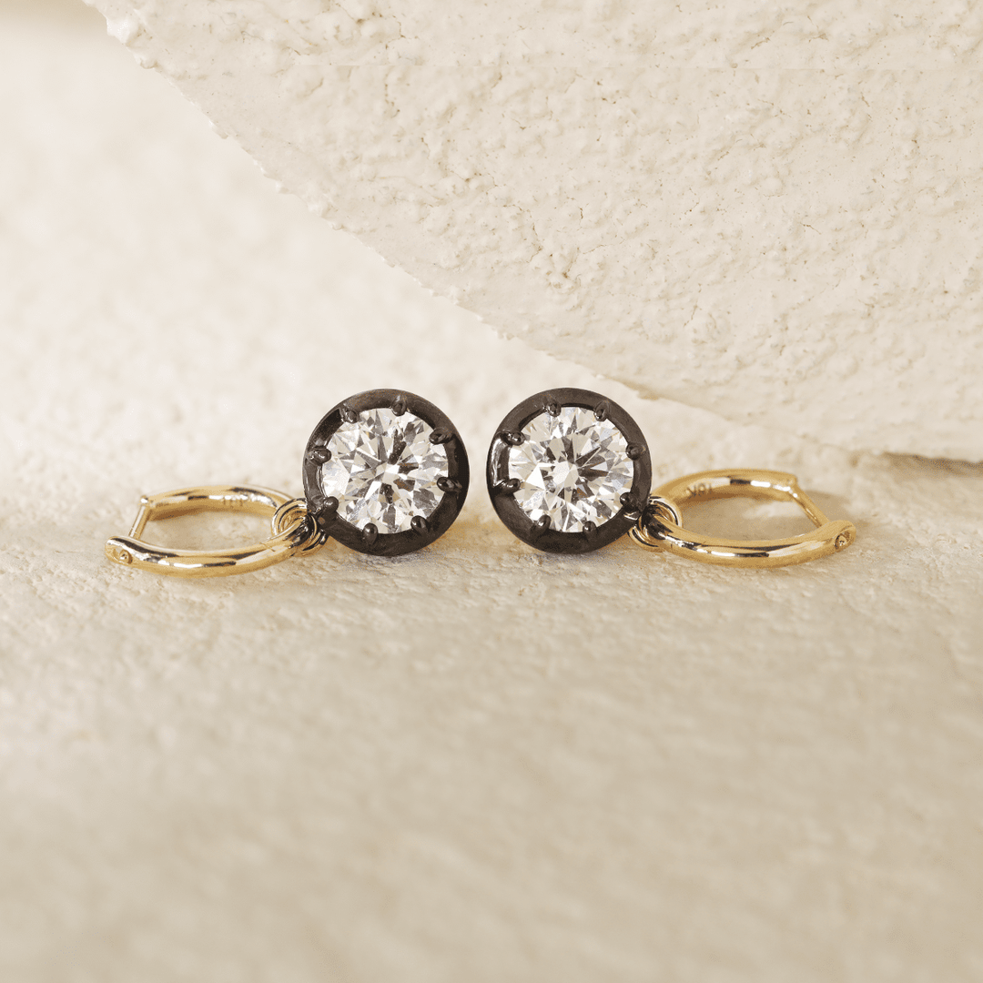 18K Yellow and White Gold with Black Rhodium Plated 2 ct tw Round Cut Diamond Bezel Hoop Earrings - FIORESE JEWELRY