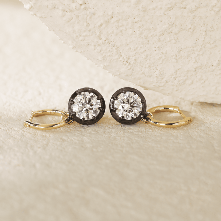 18K Yellow and White Gold with Black Rhodium Plated 2 ct tw Round Cut Diamond Bezel Hoop Earrings - FIORESE JEWELRY