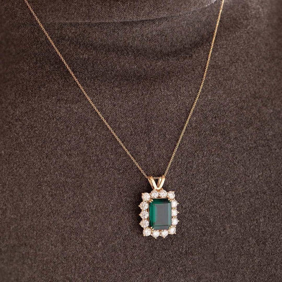 18K Yellow Gold 11ct Emerald Cut Lab Zambian Emerald Halo Pendant Necklace - FIORESE JEWELRY