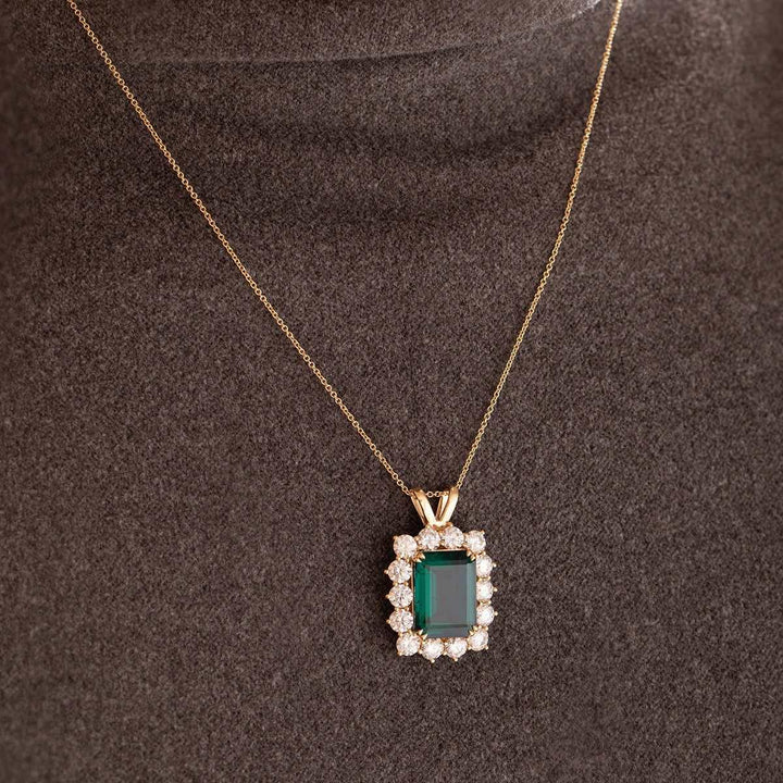 18K Yellow Gold 11ct Emerald Cut Lab Zambian Emerald Halo Pendant Necklace - FIORESE JEWELRY