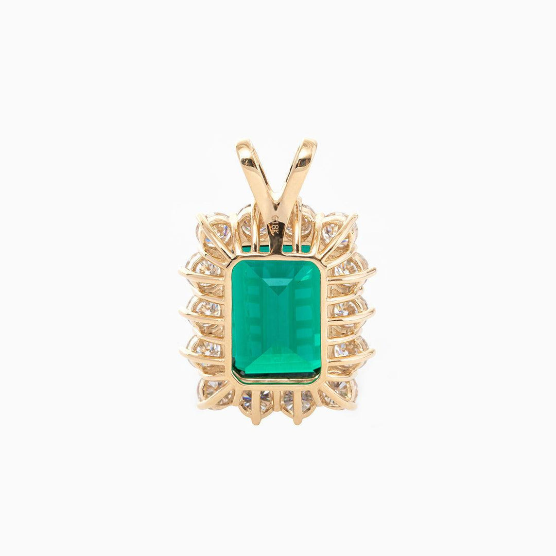 18K Yellow Gold 11ct Emerald Cut Lab Zambian Emerald Halo Pendant Necklace - FIORESE JEWELRY
