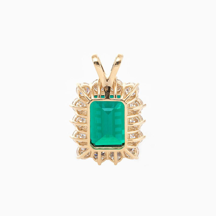 18K Yellow Gold 11ct Emerald Cut Lab Zambian Emerald Halo Pendant Necklace - FIORESE JEWELRY