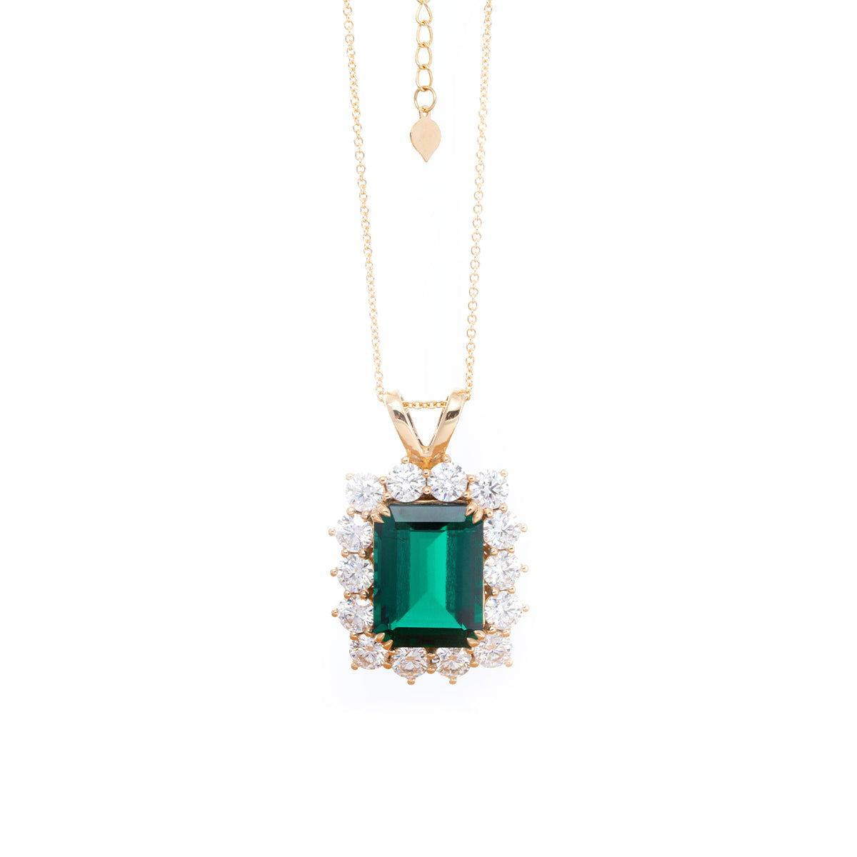 18K Yellow Gold 11ct Emerald Cut Lab Zambian Emerald Halo Pendant Necklace - FIORESE JEWELRY