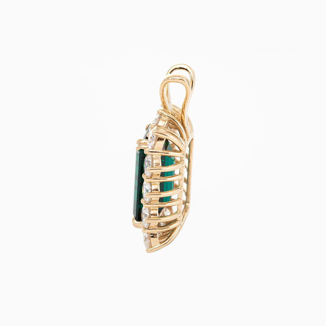 18K Yellow Gold 11ct Emerald Cut Lab Zambian Emerald Halo Pendant Necklace - FIORESE JEWELRY