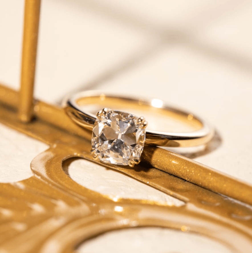 18k Yellow Gold 1.5 Carat Old Mine Cut Lab Diamond Double Prong Setting Vintage Solitaire Engagement Ring - FIORESE JEWELRY
