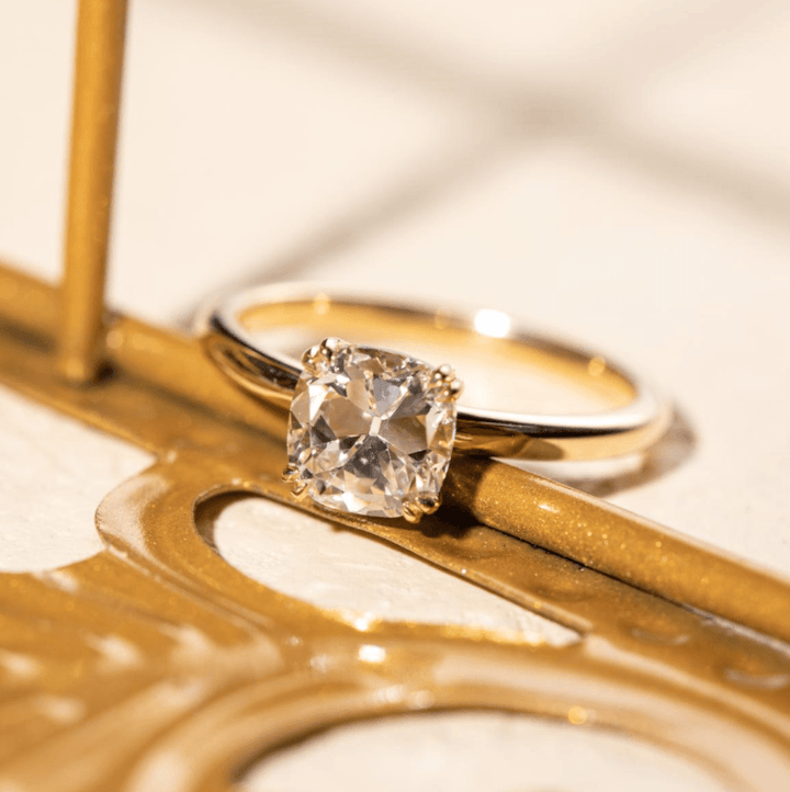 18k Yellow Gold 1.5 Carat Old Mine Cut Lab Diamond Double Prong Setting Vintage Solitaire Engagement Ring - FIORESE JEWELRY