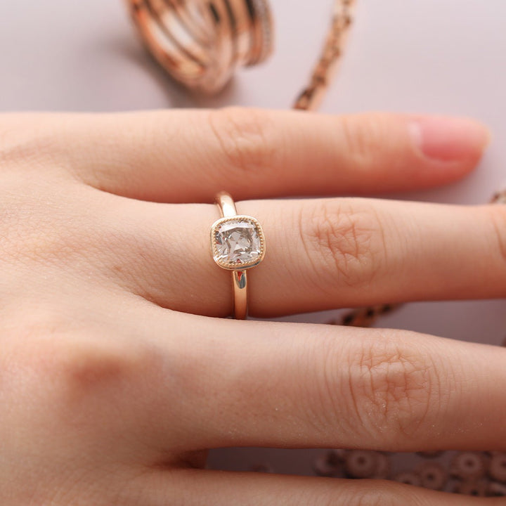 18K Yellow Gold 1.5ct Old Mine Cut Antique Lab Diamond Milligrain Bezel Solitaire Ring - FIORESE JEWELRY