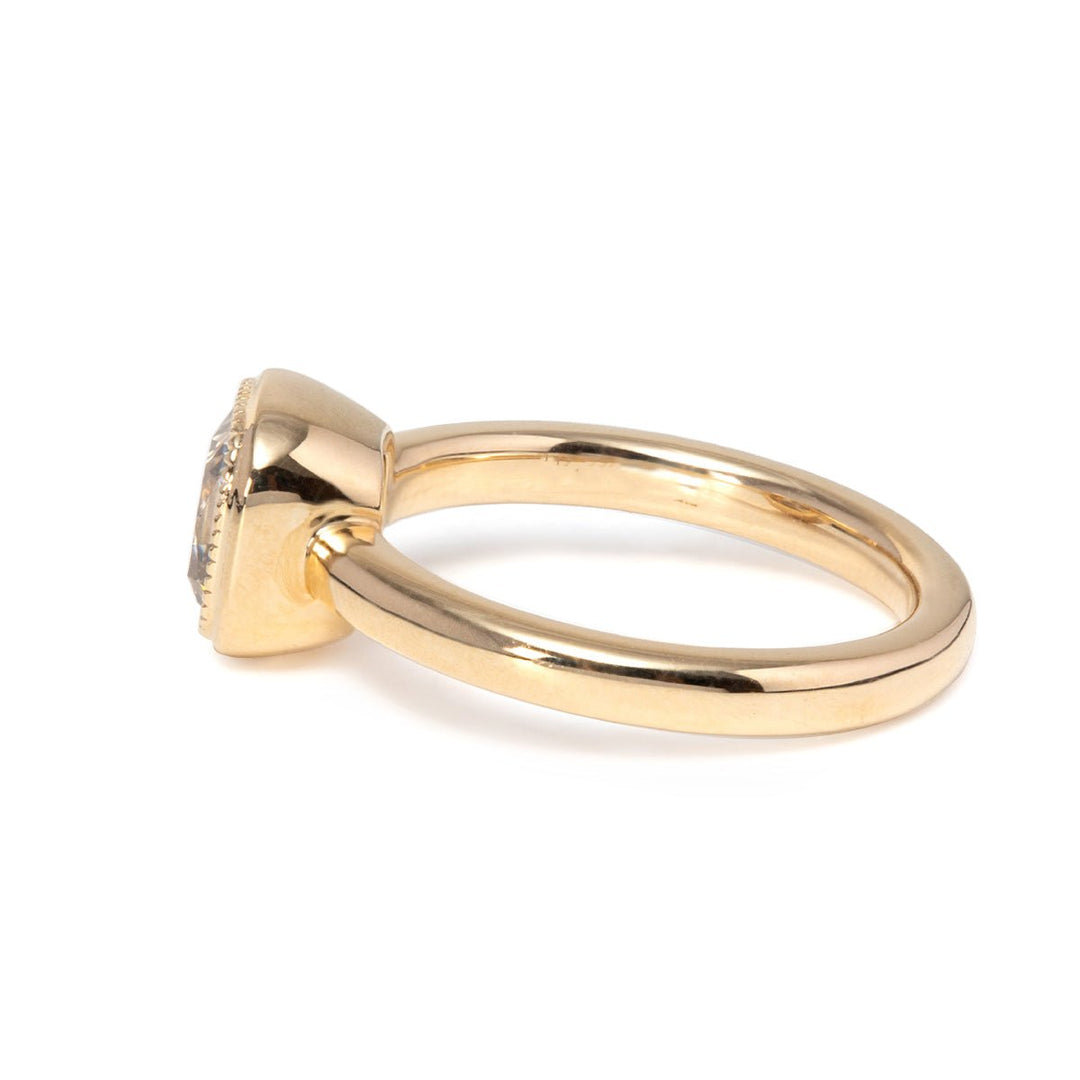 18K Yellow Gold 1.5ct Old Mine Cut Antique Lab Diamond Milligrain Bezel Solitaire Ring - FIORESE JEWELRY