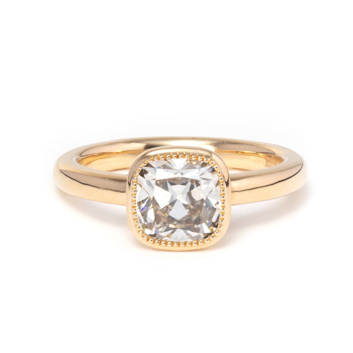 18K Yellow Gold 1.5ct Old Mine Cut Antique Lab Diamond Milligrain Bezel Solitaire Ring - FIORESE JEWELRY