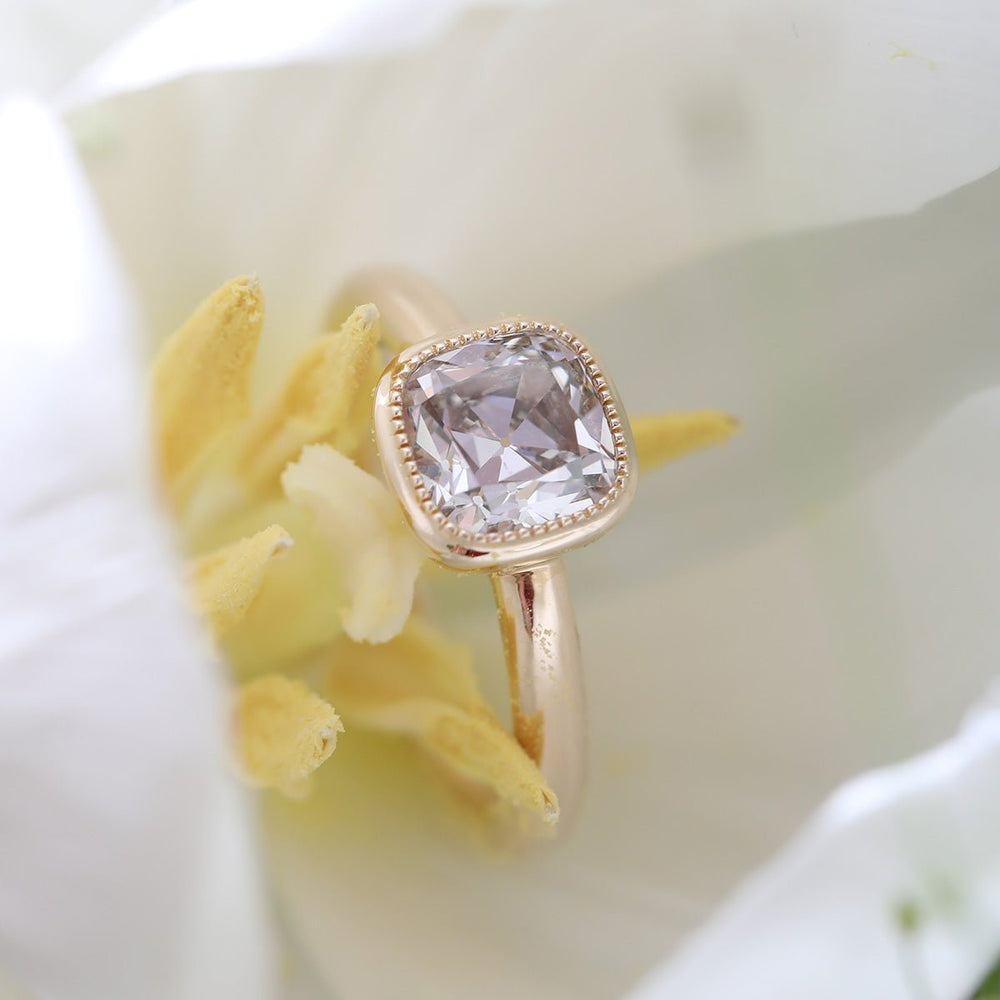 18K Yellow Gold 1.5ct Old Mine Cut Antique Lab Diamond Milligrain Bezel Solitaire Ring - FIORESE JEWELRY