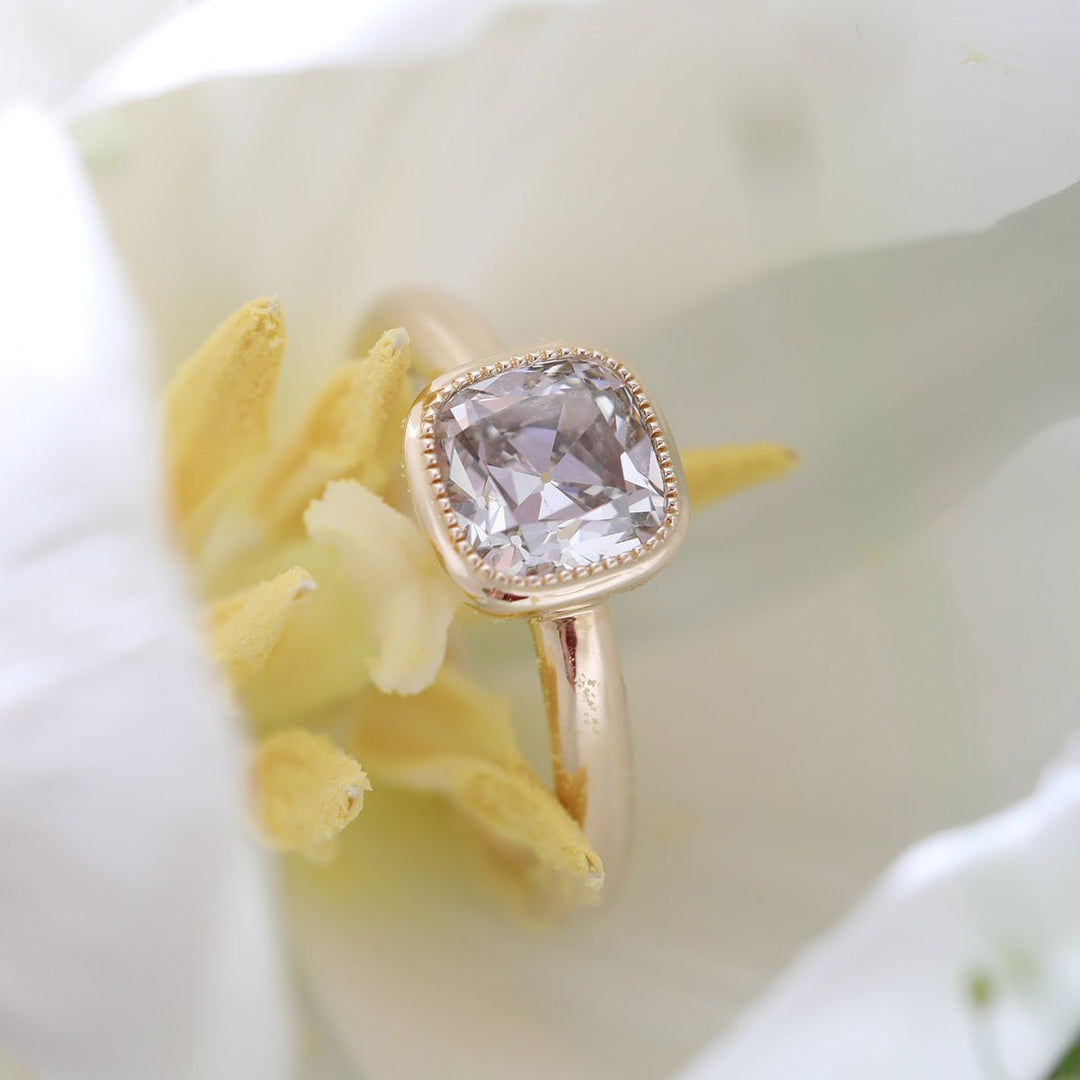 18K Yellow Gold 1.5ct Old Mine Cut Antique Lab Diamond Milligrain Bezel Solitaire Ring - FIORESE JEWELRY