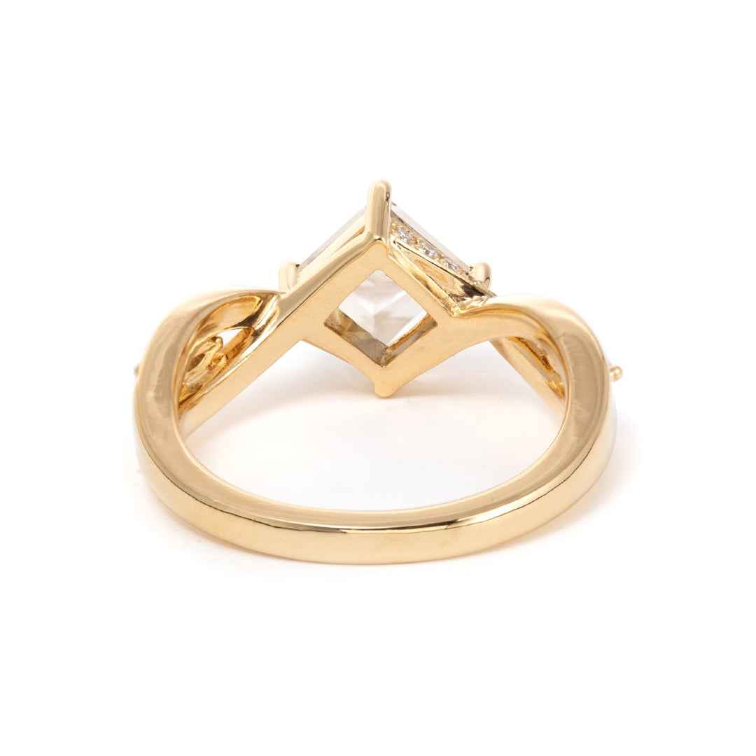 18K Yellow Gold 1.5ct Princess Cut Lab Diamond 4 Claw Prongs Vintage Ring with Round and Marquise Cut Lab Diamond Side - stones - FIORESE JEWELRY