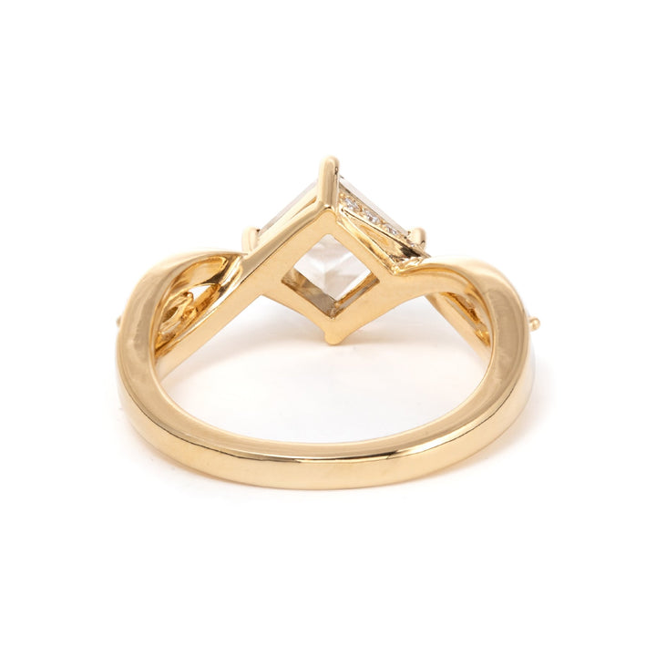 18K Yellow Gold 1.5ct Princess Cut Lab Diamond 4 Claw Prongs Vintage Ring with Round and Marquise Cut Lab Diamond Side - stones - FIORESE JEWELRY