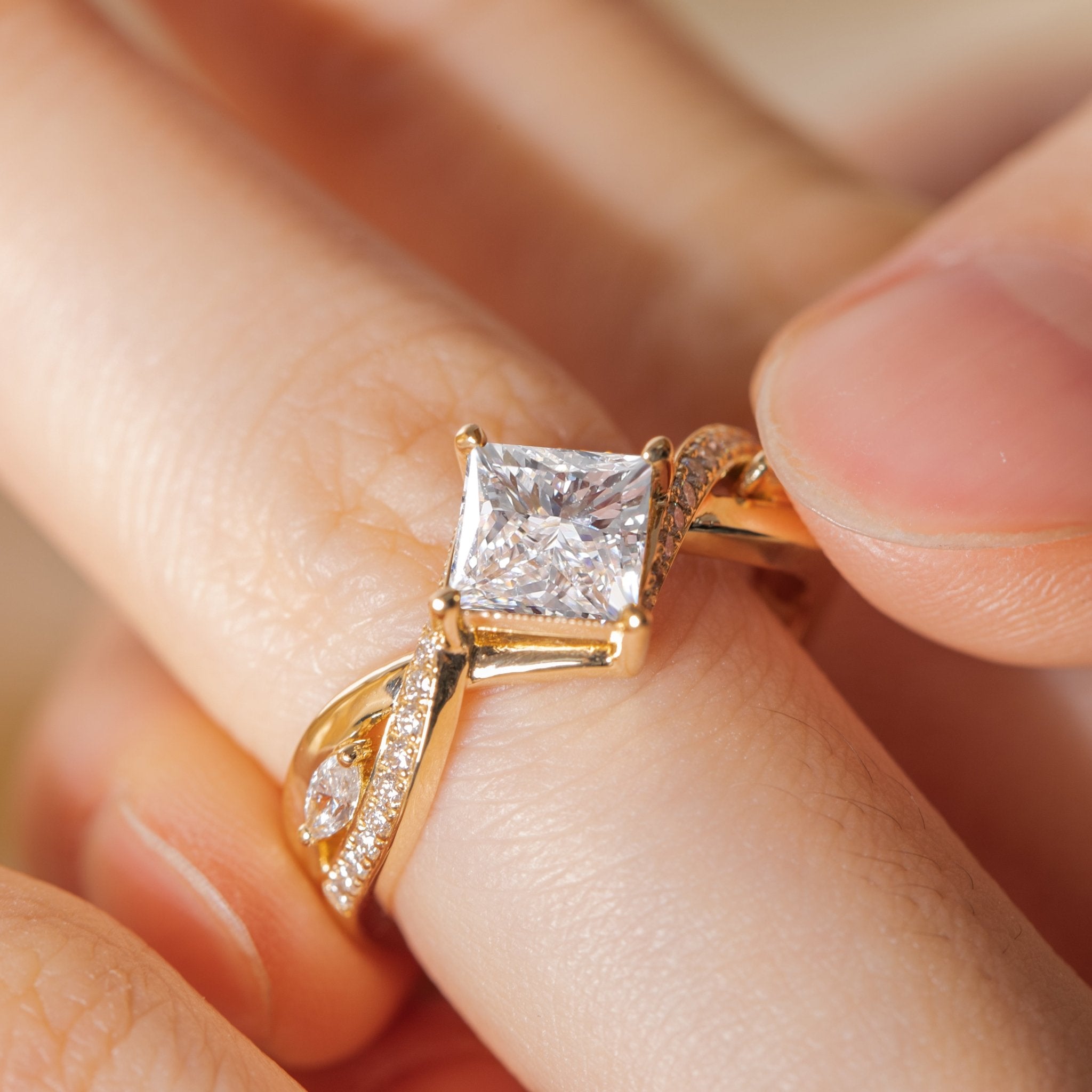 18K Yellow Gold 1.5ct Princess Cut Lab Diamond 4 Claw Prongs Vintage Ring with Round and Marquise Cut Lab Diamond Side - stones - FIORESE JEWELRY