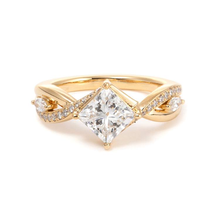 18K Yellow Gold 1.5ct Princess Cut Lab Diamond 4 Claw Prongs Vintage Ring with Round and Marquise Cut Lab Diamond Side - stones - FIORESE JEWELRY