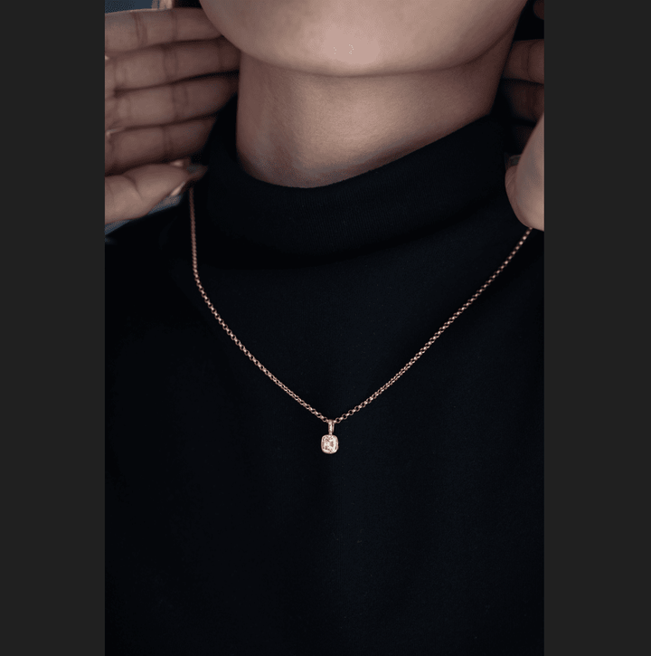18K Yellow Gold 1ct Old Mine Cut Lab Diamond Bezel Pendant Necklace with Beads Chain - FIORESE JEWELRY