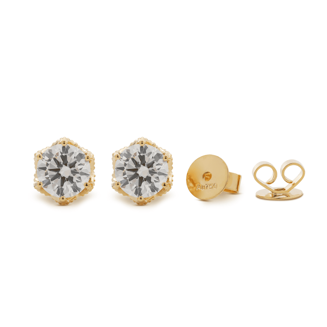 18K Yellow Gold 2 ct tw Round Cut Lab Diamond Millegrain Floral Basket Stud Earrings - FIORESE JEWELRY