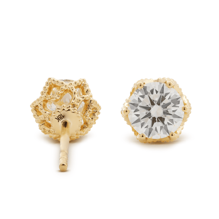 18K Yellow Gold 2 ct tw Round Cut Lab Diamond Millegrain Floral Basket Stud Earrings - FIORESE JEWELRY