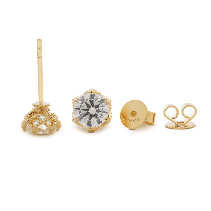 18K Yellow Gold 2 ct tw Round Cut Lab Diamond Millegrain Floral Basket Stud Earrings - FIORESE JEWELRY