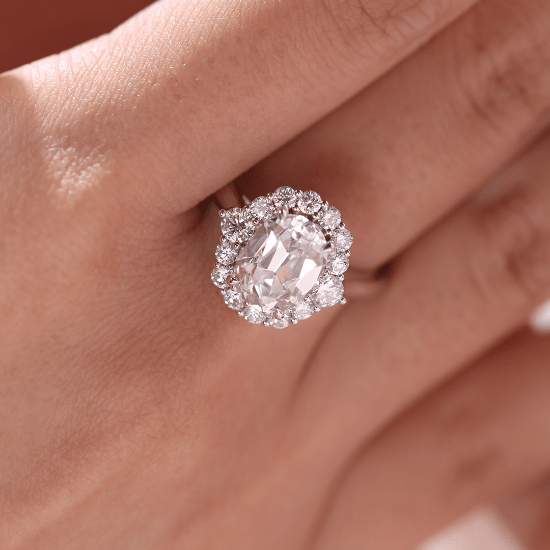 18K Yellow Gold 2ct Oval Old Mine Cut Lab Diamond Vintage Ring with a Round Diamond Halo - FIORESE JEWELRY