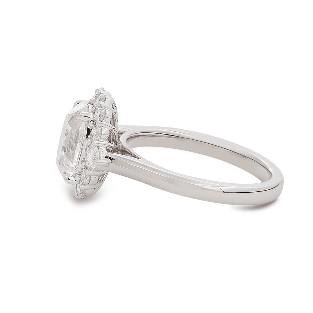 18K Yellow Gold 2ct Oval Old Mine Cut Lab Diamond Vintage Ring with a Round Diamond Halo - FIORESE JEWELRY