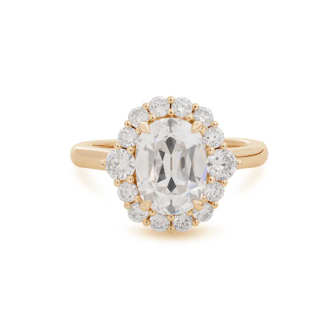 18K Yellow Gold 2ct Oval Old Mine Cut Lab Diamond Vintage Ring with a Round Diamond Halo - FIORESE JEWELRY