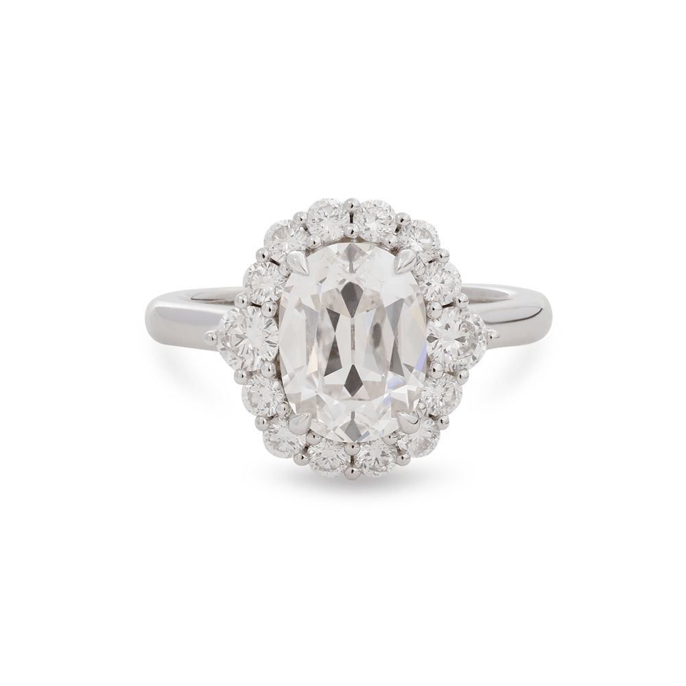 18K Yellow Gold 2ct Oval Old Mine Cut Lab Diamond Vintage Ring with a Round Diamond Halo - FIORESE JEWELRY
