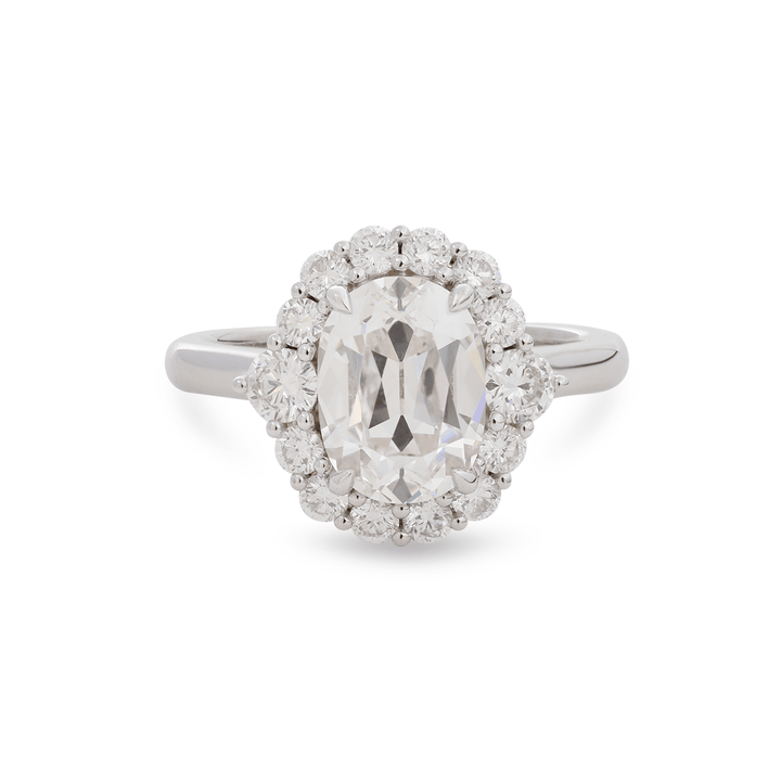 18K Yellow Gold 2ct Oval Old Mine Cut Lab Diamond Vintage Ring with a Round Diamond Halo - FIORESE JEWELRY