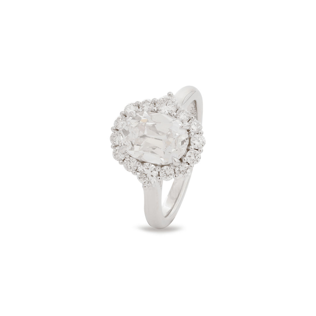 18K Yellow Gold 2ct Oval Old Mine Cut Lab Diamond Vintage Ring with a Round Diamond Halo - FIORESE JEWELRY