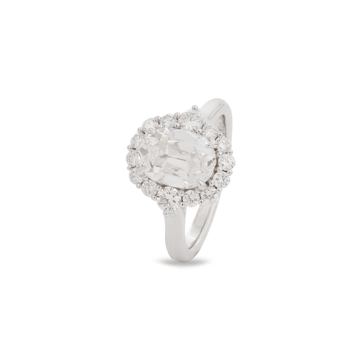 18K Yellow Gold 2ct Oval Old Mine Cut Lab Diamond Vintage Ring with a Round Diamond Halo - FIORESE JEWELRY