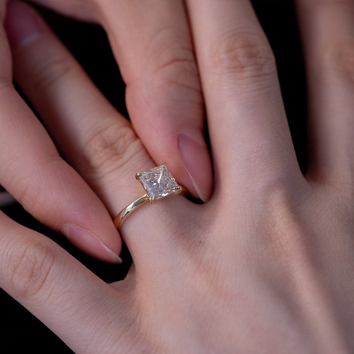 18K Yellow Gold 2ct Princess Cut Lab Diamond 4 Claw Prong Basket Setting Solitaire Ring - FIORESE JEWELRY