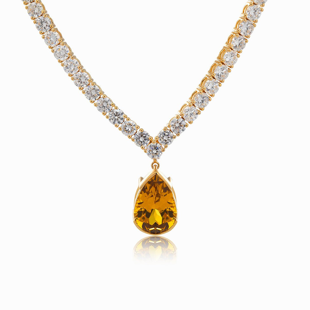 18K Yellow Gold 32.5 ct tw 4mm Tennis Necklace with A Pear Brazilian Natural Citrine - FIORESE JEWELRY