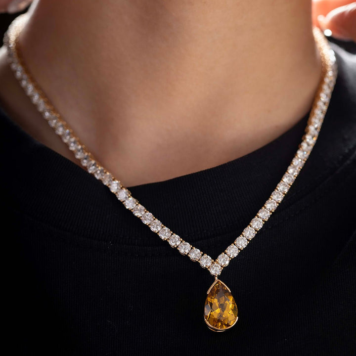 18K Yellow Gold 32.5 ct tw 4mm Tennis Necklace with A Pear Brazilian Natural Citrine - FIORESE JEWELRY