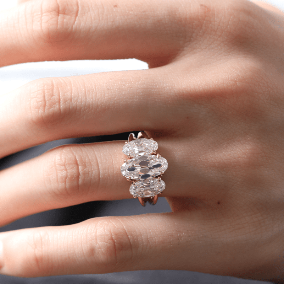 18K Yellow Gold 3.5 ct tw Elongated Oval Old Mine Cut Lab Diamond Victoran - Style Three Stone Ring with Split Band Design - FIORESE JEWELRY