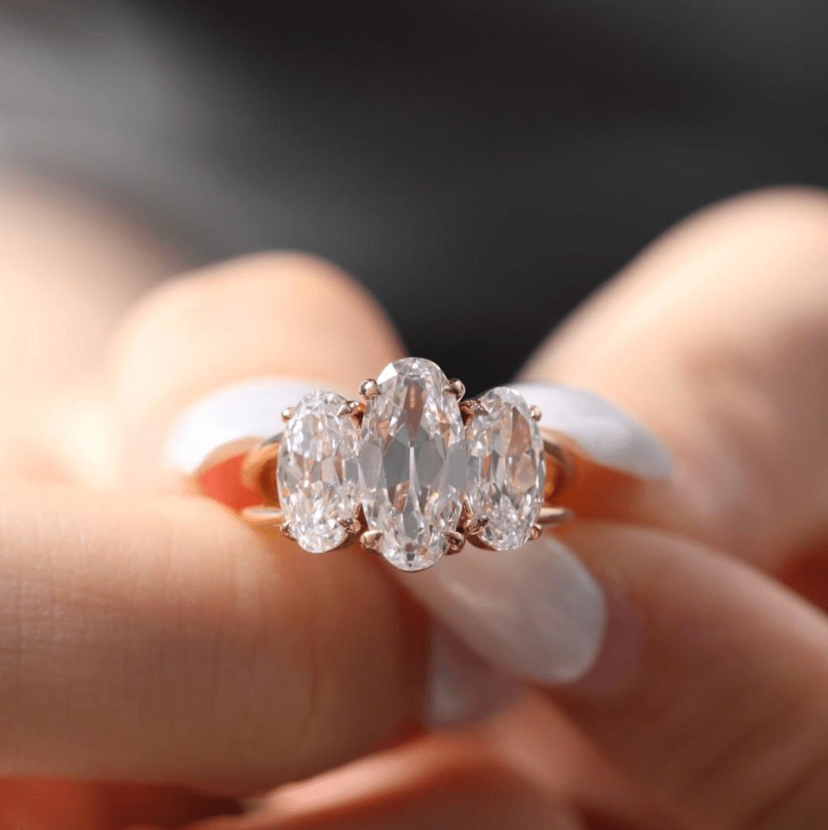 18K Yellow Gold 3.5 ct tw Elongated Oval Old Mine Cut Lab Diamond Victoran - Style Three Stone Ring with Split Band Design - FIORESE JEWELRY