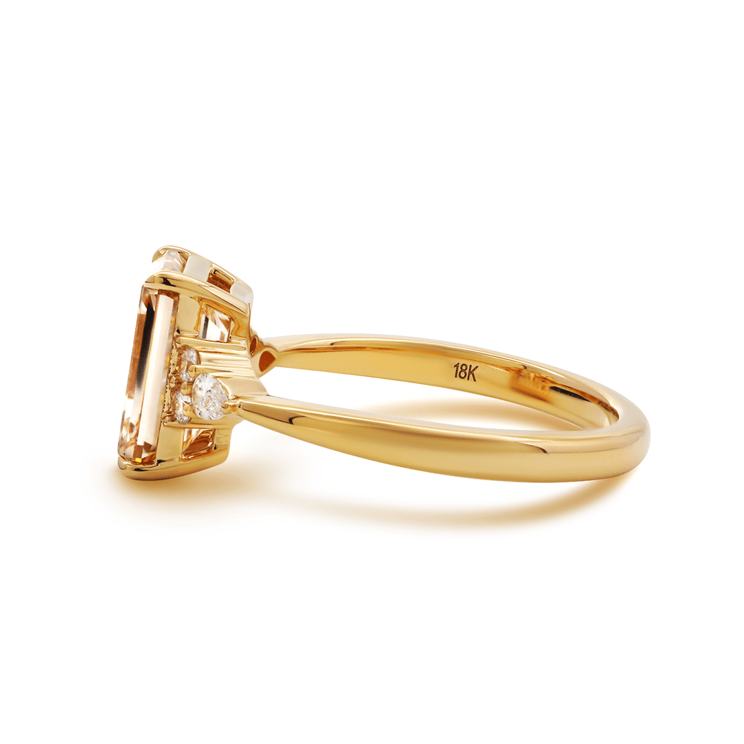 18K Yellow Gold 3.5ct Emerald Cut Brown Lab Diamond Foral Side - stone Ring with Tapered Band - FIORESE JEWELRY