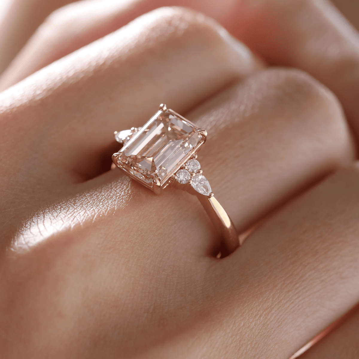 18K Yellow Gold 3.5ct Emerald Cut Brown Lab Diamond Foral Side-stone Ring with Tapered Band