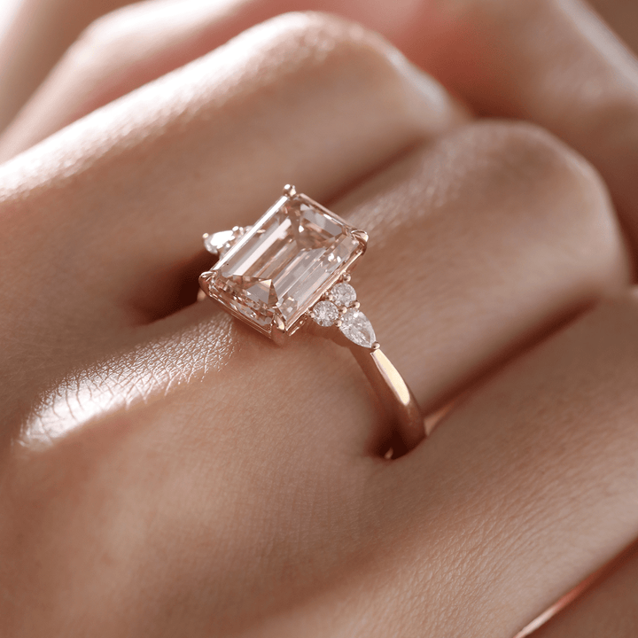 18K Yellow Gold 3.5ct Emerald Cut Brown Lab Diamond Foral Side - stone Ring with Tapered Band - FIORESE JEWELRY