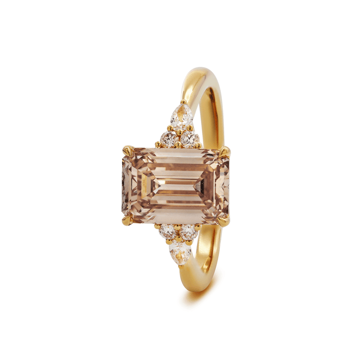 18K Yellow Gold 3.5ct Emerald Cut Brown Lab Diamond Foral Side - stone Ring with Tapered Band - FIORESE JEWELRY