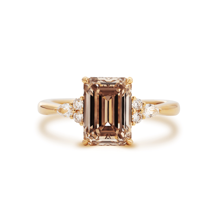 18K Yellow Gold 3.5ct Emerald Cut Brown Lab Diamond Foral Side - stone Ring with Tapered Band - FIORESE JEWELRY