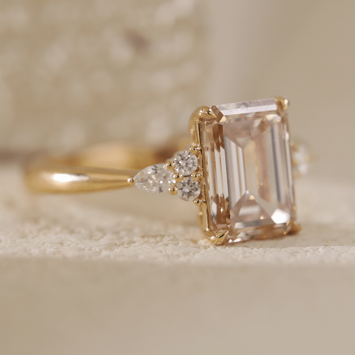 18K Yellow Gold 3.5ct Emerald Cut Brown Lab Diamond Foral Side-stone Ring with Tapered Band