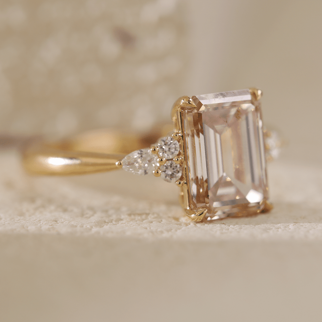 18K Yellow Gold 3.5ct Emerald Cut Brown Lab Diamond Foral Side - stone Ring with Tapered Band - FIORESE JEWELRY